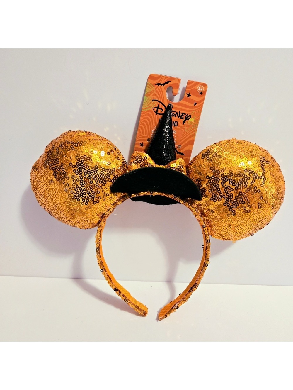 New Disney Minnie Mouse Ears Halloween Black Witch Hat Orange Sequin Headband